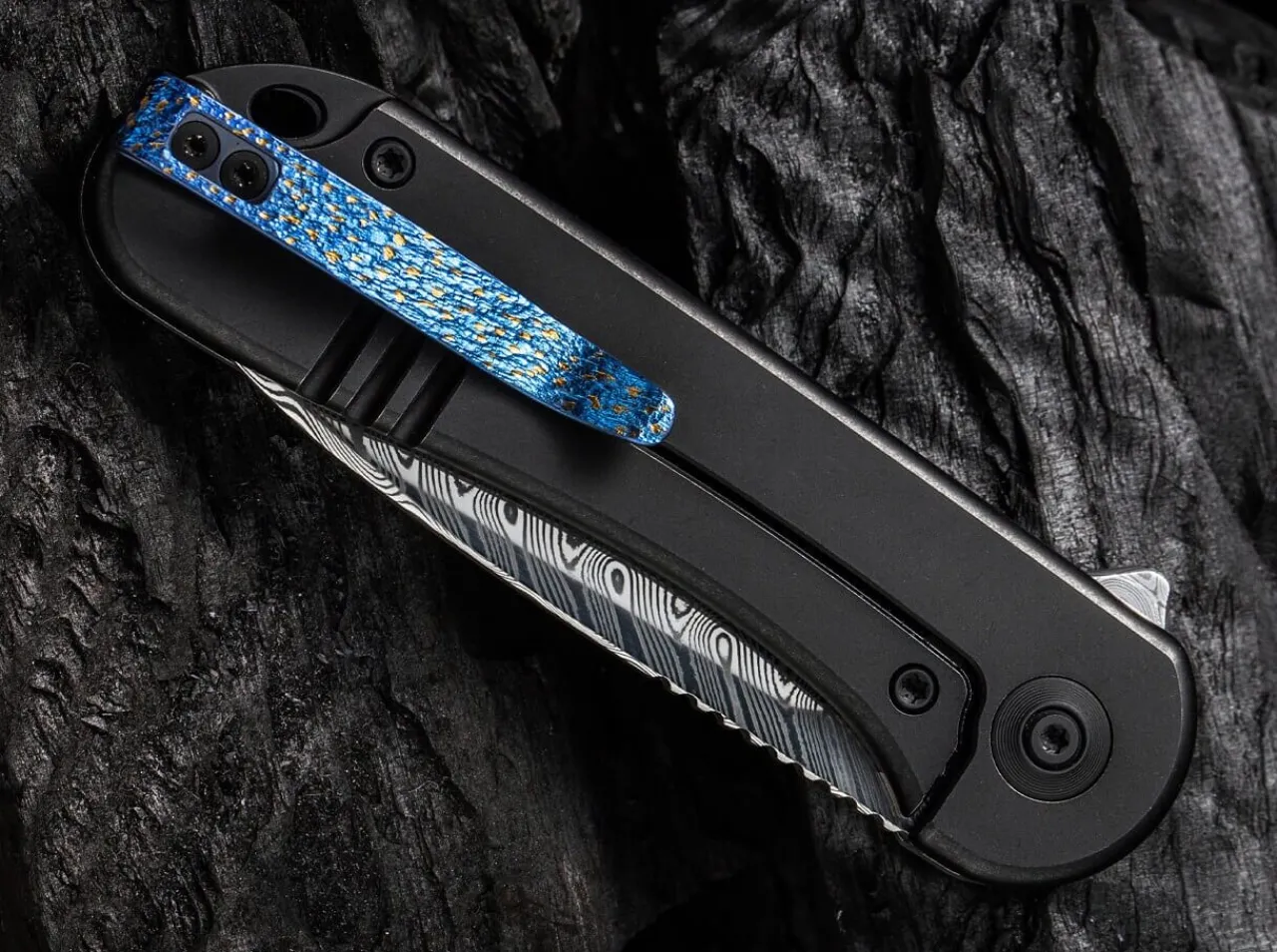 Elementum Damascus Titanium Black|WE Knife Outlet